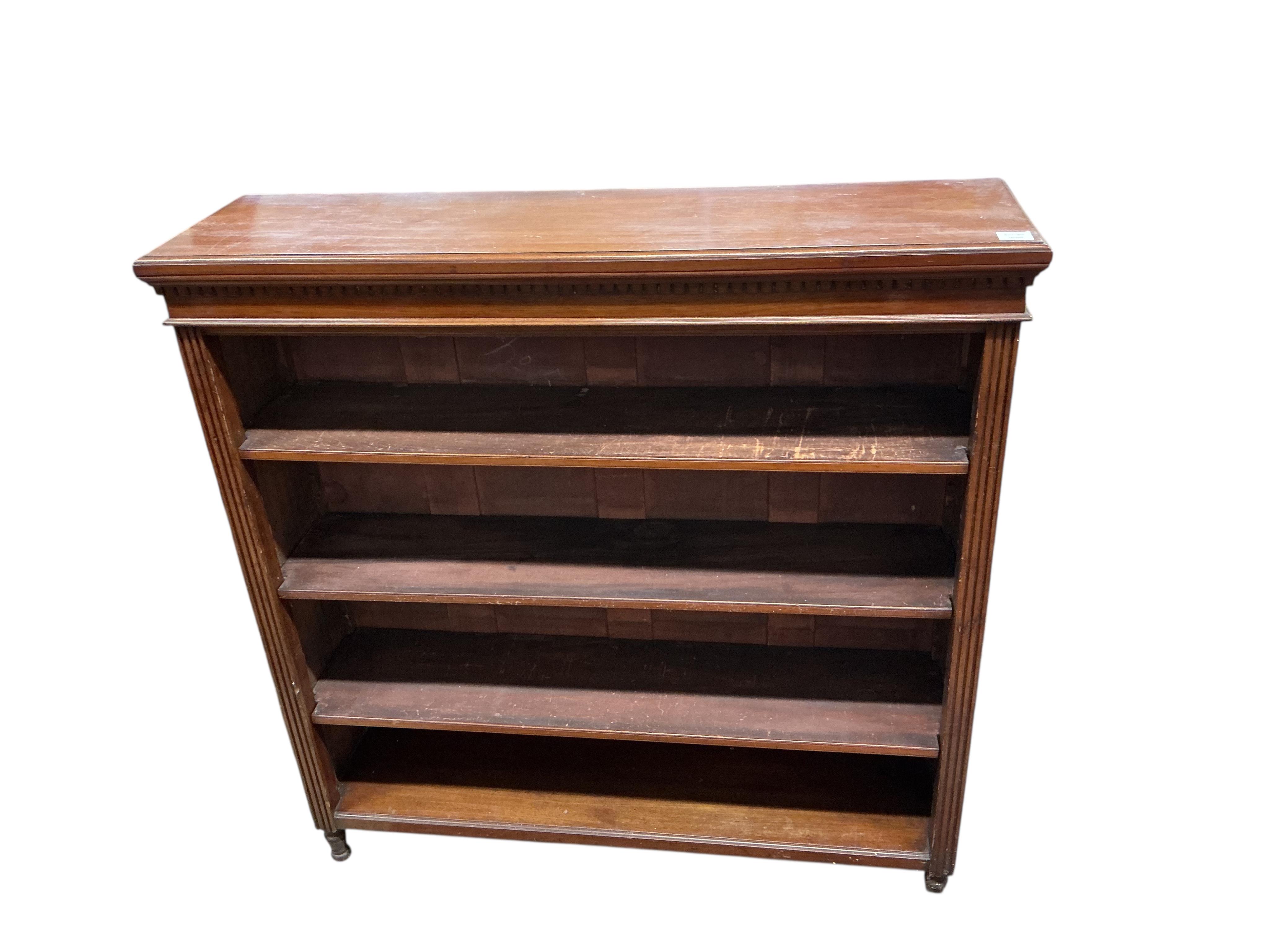 A late Victorian mahogany open bookcase, width 120cm, depth 34cm, height 123cm